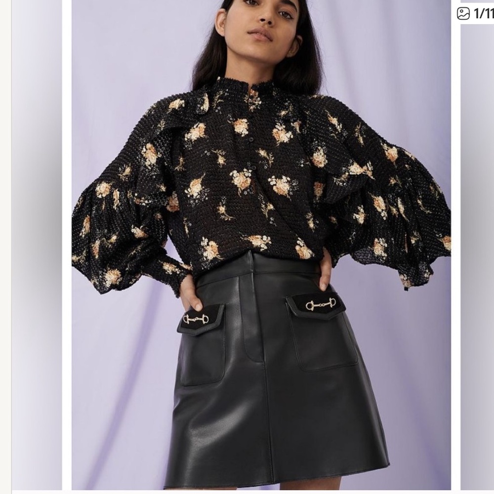 Maje Black Leather A-Line Skirt